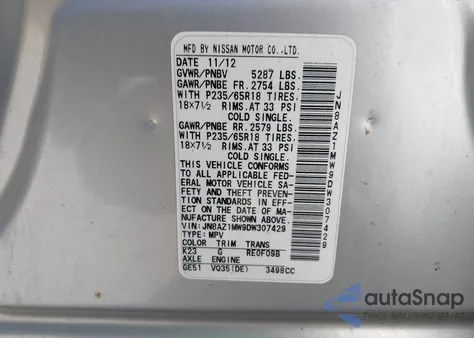 2013 Nissan Murano Sl z USA, uszkodzony, nr VIN JN8AZ1MW9DW307429